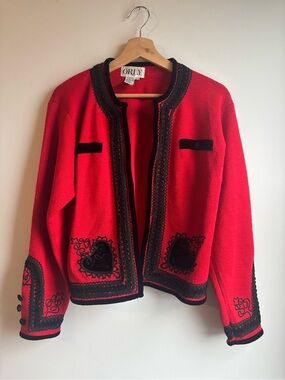 ORLY Red Embroidered Open-Front Cardigan Sweater
